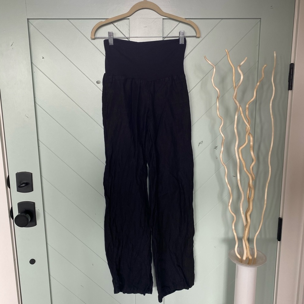 Black linen wide leg pants with fold over waist